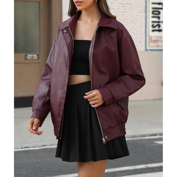 ⚡Women's Burgundy Faux Leather Long Sleeve Zipper Oversized Motorcycle Jackets - Picture 3 of 6